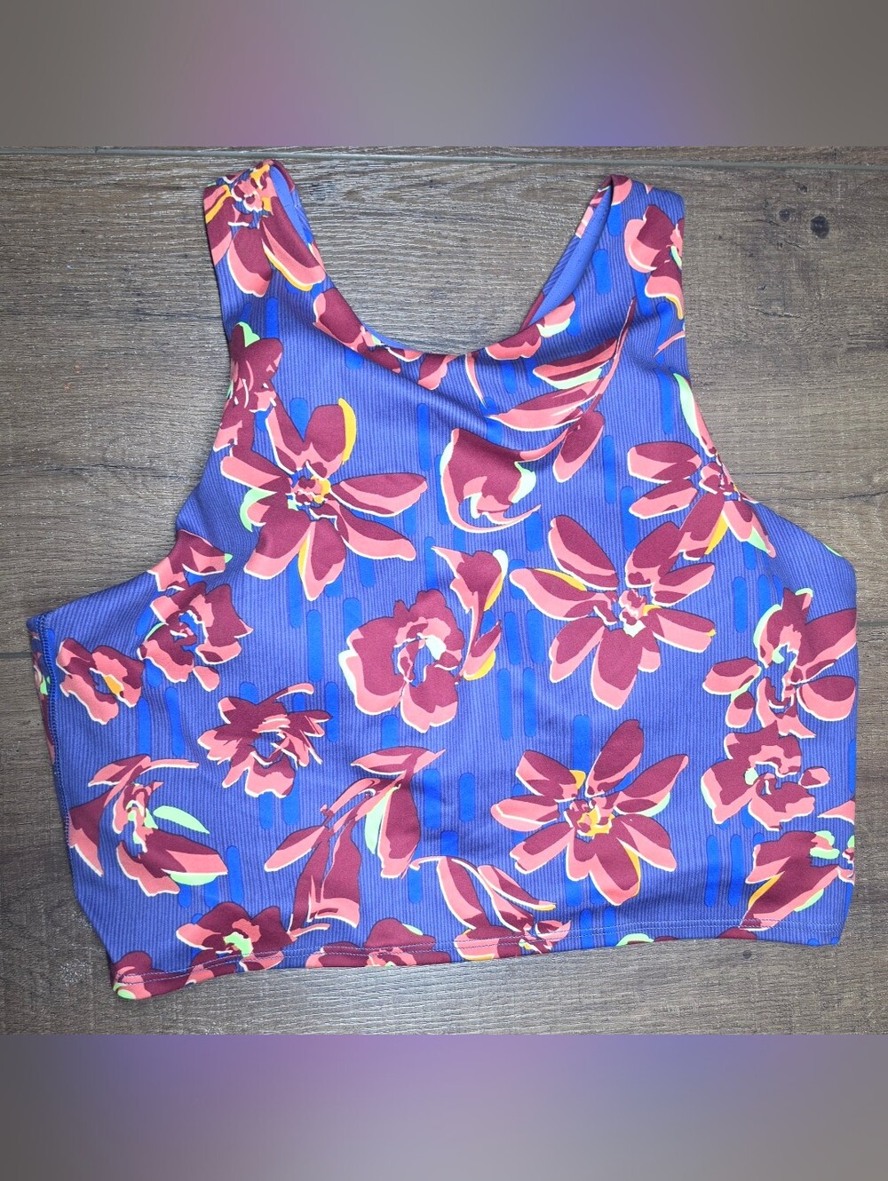 Athleta Floral Longline Sports Bra Crop Top Medium Purple Pink Yoga Workout M